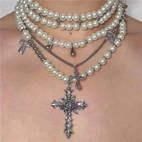 Layered Pearl Necklace Gothic Cross Stacked Necklace 18k gold plated silver new - Picture 6 of 7
